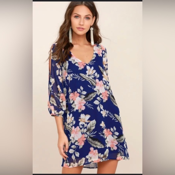 Lulus Shifting Dears Royal Blue Floral Print Long Sleeve Dress- XS - Picture 2 of 6